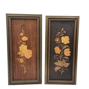 Vintage Italy Marquetry Wood Floral Daffodils Art Panel set of 2